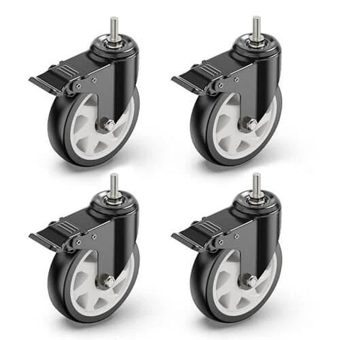 Set of 4 black 5 Inch Total Locking Stem Caster Wheels with 3/8 Inch 16 x 1 Threaded Stem, PVC wheels, steel housing, swivel locks.