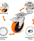 5 Inch Swivel Casters Wheels 450lbs Per Wheel Heavy Duty Castors With Brake Polyurethane Dual Locking Set Of 4 Orange DL I5 001
