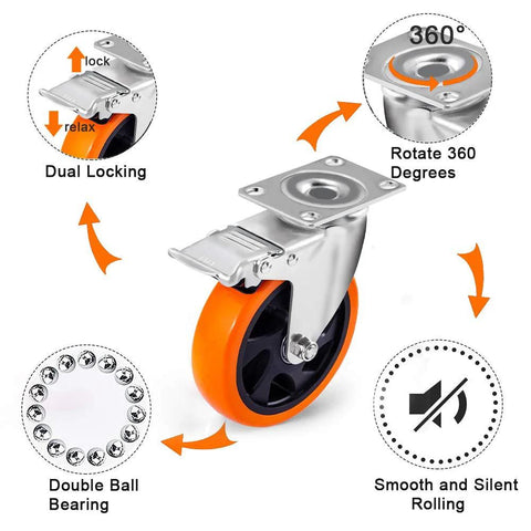 5 Inch Swivel Casters Wheels 450lbs Per Wheel Heavy Duty Castors With Brake Polyurethane Dual Locking Set Of 4 Orange DL I5 001