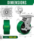 5 Inch Heavy Duty Caster Wheels Set Of 4 With Brakes, Polyurethane On Steel Wheel Surface, Plate Mount, product dimensions