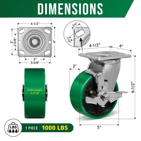 5 Inch Heavy Duty Caster Wheels Set Of 4 With Brakes, Polyurethane On Steel Wheel Surface, Plate Mount, product dimensions