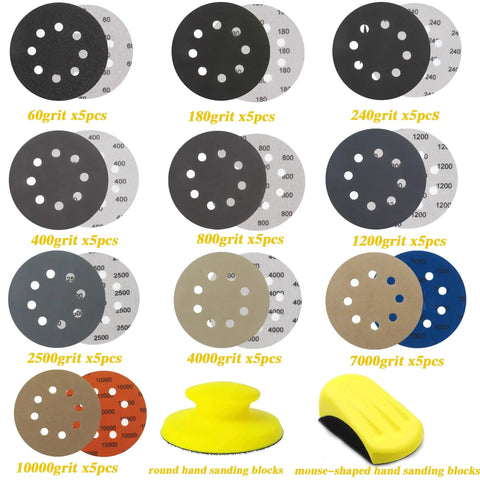 5 Inch Hook And Loop Sanding Discs Set 50 Pcs For Wet Dry Polishing with various grit levels and sanding blocks