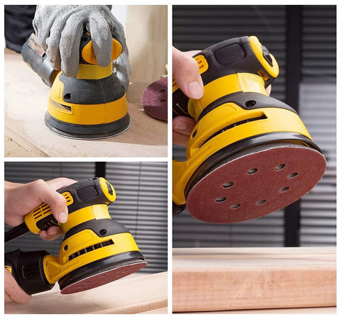Close-up of a sanding disc attached to a random orbital sander, showing the use of 165 Piece 5 Inch Sanding Discs Set for Random Orbital Sander With Hook and Loop Backing, Assorted Grits 40 60 80 120 150 240 320 400 600 for Finishing and Polishing.