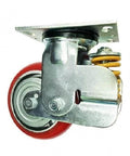 5" inch spring loaded caster wheel - PU - cast steel core - top plate mount with red wheel and spring mechanism, side view.