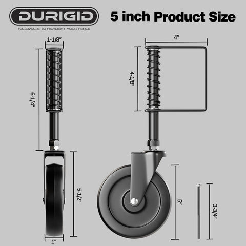 Side view of a 5 Inch Spring Loaded Gate Wheel Caster For Outdoor Gates And Fences, 200 Lbs Capacity, Durable PP Wheel With Shock Absorbing Spring