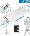 Image of 5 Inch 304 Stainless Steel Hasp Latch Set With Combination Lock And Padlock, includes dimensions and two keys shown.