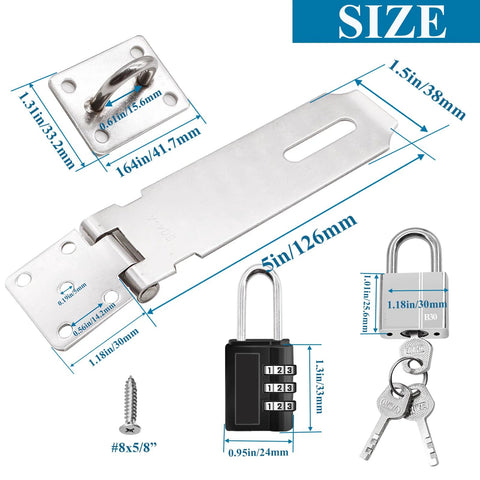 Image of 5 Inch 304 Stainless Steel Hasp Latch Set With Combination Lock And Padlock, includes dimensions and two keys shown.