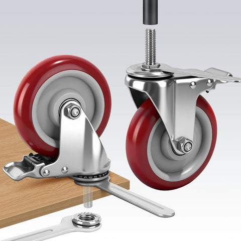 Five Inch Locking Swivel Caster Wheels Set Of Four With One Half Inch By Thirteen Threaded Stem And One And One Half Inch Length Heavy Duty Industrial Castors For Cart Furniture And Workbench Quiet Polyurethane Wheels With Brake Locks And Floor Protection