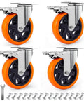 Set of 4 orange 5 Inch Swivel Casters Wheels 450lbs Per Wheel Heavy Duty Castors With Brake Polyurethane Dual Locking