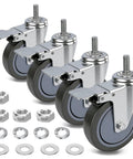 5 Inch Locking Swivel Casters With Brake, 1/2-13 X 1.5 Threaded Stem, Grey TPR Rubber Wheels, Heavy Duty for carts, set of 4