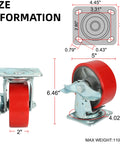 5 Inch By 2 Inch Swivel Polyurethane Wheels Heavy Duty Casters Set Of 4 With Top Lock Brake showing size dimensions.