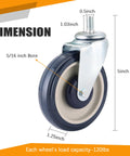 Close-up of 8 Pack 5 Inch Shopping Cart Replacement Wheels Kit With Double Ball Bearing TPU Silent Caster Wheels With Dimensions