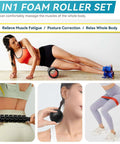 5-In-1 Foam Roller Set For Deep Tissue Muscle Recovery with athlete using roller, massage ball, and band for muscle relief.