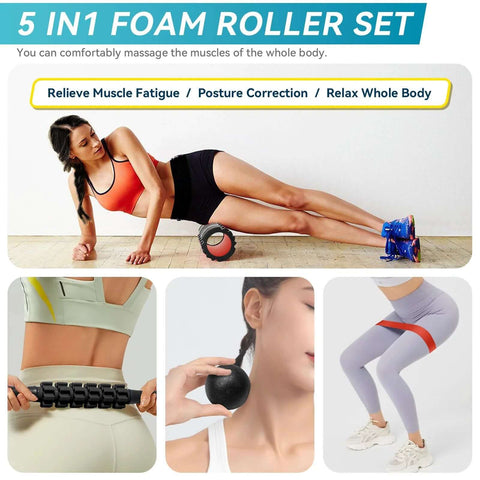 5-In-1 Foam Roller Set For Deep Tissue Muscle Recovery with athlete using roller, massage ball, and band for muscle relief.