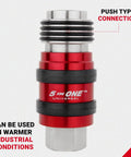 Front view of 5 In One Universal Quick Connect Industrial Coupler Pro Grade For 1/4 Inch NPT, Air Hose Connection And Safety Exhaust, Red Single Pack