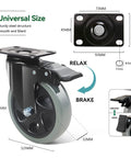 5 Inch Heavy Duty Caster Wheels Set Of 4 With Brakes, Silent Swivel Top Plate Locking Casters, Grey Polyurethane