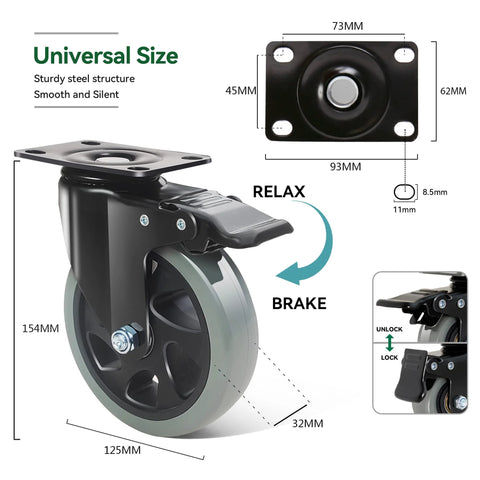 5 Inch Heavy Duty Caster Wheels Set Of 4 With Brakes, Silent Swivel Top Plate Locking Casters, Grey Polyurethane