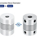 2 Pack 5mm To 6mm Aluminum Shaft Coupler 25mm Long 19mm OD Spring Type Flexible Coupler Silver Front and Side View