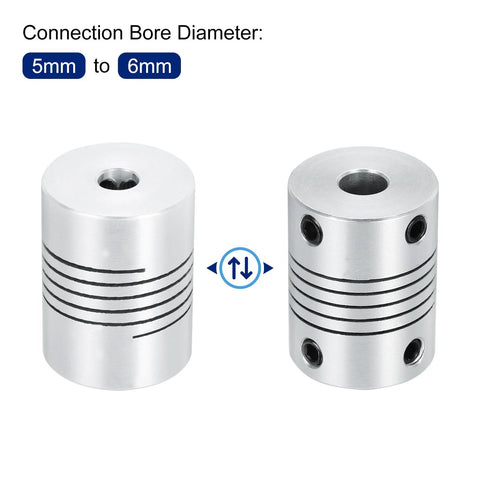 2 Pack 5mm To 6mm Aluminum Shaft Coupler 25mm Long 19mm OD Spring Type Flexible Coupler Silver Front and Side View