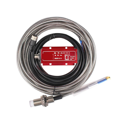 5 Millimeter Non Contact Eddy Current Displacement Sensor ML33 B A with stainless steel body, cable, and control unit.