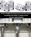 5mm To 5mm Flexible Aluminum Couplings Set For NEMA 17 Stepper Motors And 3D Printers 5 Pieces, shown with a CNC machine setup