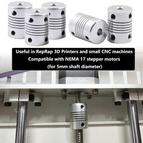 5mm To 5mm Flexible Aluminum Couplings Set For NEMA 17 Stepper Motors And 3D Printers 5 Pieces, shown with a CNC machine setup