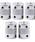 Set of 5 flexible aluminum couplings with oxidation finish for 5mm shafts, compatible with NEMA 17 stepper motors for 3D printers and CNC.