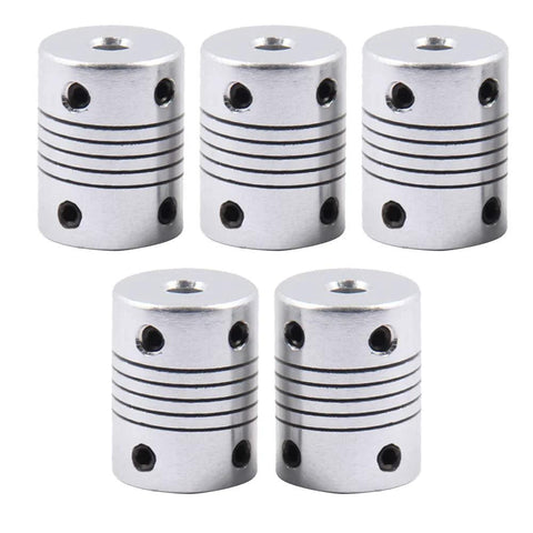 Set of 5 flexible aluminum couplings with oxidation finish for 5mm shafts, compatible with NEMA 17 stepper motors for 3D printers and CNC.