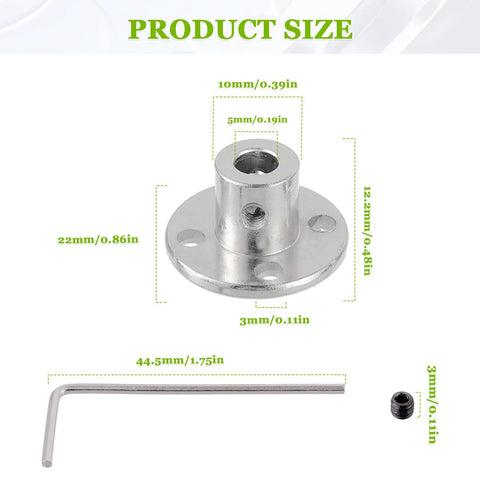Diagram of Four Piece 5mm Bore Rigid Flange Coupling Set for RC Shafts with detailed measurements and included screws and wrench.