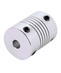 Close-up of a single 5mm to 5mm flexible aluminum coupling for NEMA 17 stepper motors, durable aluminum alloy with oxidation finish.