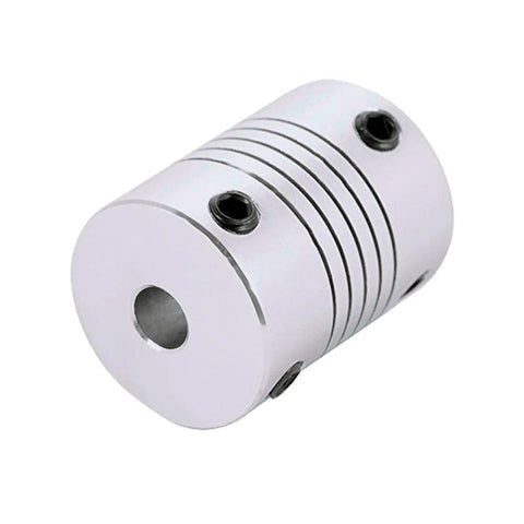 Close-up of a single 5mm to 5mm flexible aluminum coupling for NEMA 17 stepper motors, durable aluminum alloy with oxidation finish.