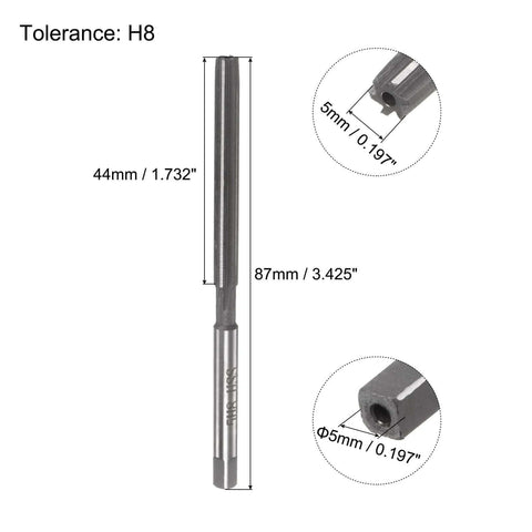 5mm H8 Hand Reamer For Metal And Wood Hole Reaming With Straight Flute 0.197 Inch Cutting Size 87mm Overall Length High Speed Steel