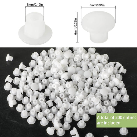 200 pcs white 5 millimeter plastic hole plugs flush snap in locking round hole caps for wardrobes cupboards cabinets shelves