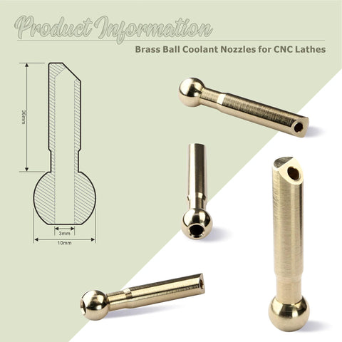 Diagram and photo of 5 Piece 10mm Brass Ball CNC Nozzle Set With Slanted Hole Extend Coolant Nozzle For Jewelry Lathes And Jewelry Carving Milling Machines Screw Lock High Pressure Oil Cooling Nozzle For Precision Machining