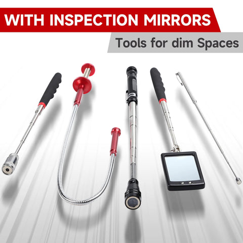 Effortlessly retrieve metal parts from tight spaces with this 5 piece telescoping magnetic pickup tool set including mirror