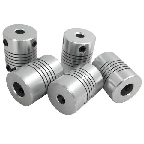 5 Pcs Flexible Couplings 5mm To 8mm Shaft For NEMA 17 Stepper Motors, aluminum alloy 19mm diameter, shown in a group of five.