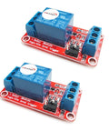 Two-pack 5V one channel relay module with opto isolation and high low level trigger, 10A AC 250V, 10A DC 30V load, red board.