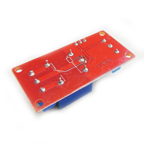Back view of 5V One Channel Relay Module With Opto Isolation And High Low Level Trigger, Two Pack, showing red circuit design.