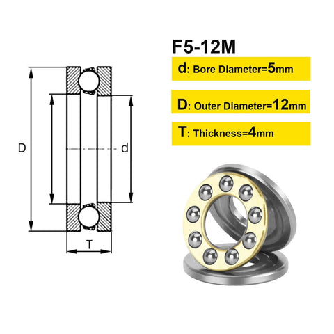 Miniature 5mm By 12mm By 4mm thrust ball bearings with brass cage, shown in diagram and 3D view, for small models and RC planes.