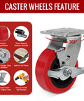 Heavy Duty Industrial Casters 5x2 Inches With Polyurethane On Polyolefin Core Wheel, shown with brake and swivel feature