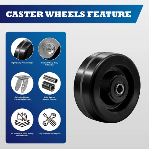 Close-up of 5x2 Phenolic Caster Wheels Set Of 4 For Trolleys Flatbeds And Trailers Heavy Duty 4000 Lb Capacity High Temperature Resistant