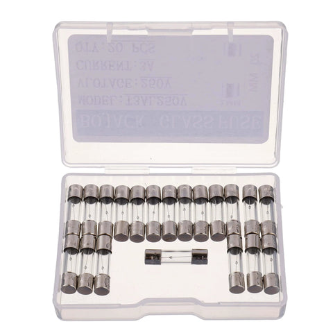 5x20mm Slow Blow Glass Fuses, 3A 250V Time Delay, 0.2 x 0.78 Inch, Pack of 20, in a clear plastic case