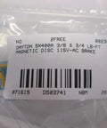 Packaging label of Compact 5X400A Magnetic Disc Brake for 115V AC systems with barcode and product details.