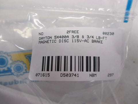 Packaging label of Compact 5X400A Magnetic Disc Brake for 115V AC systems with barcode and product details.