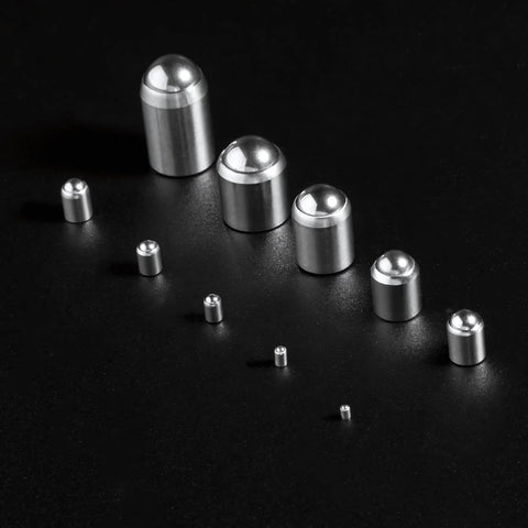 5x5mm Ball Plunger Set, 304 Stainless Steel Spring Loaded Ball Detent Plungers, arranged on a dark surface showcasing different sizes.