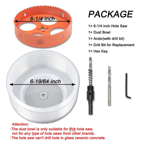 Six And A Quarter Inch Hole Saw Kit With Dust Bowl For Recessed Can Lights Bi Metal Construction Includes Arbor Hex Key package