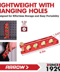 Compact 6.3 inch magnetic torpedo level with top view windows, aluminum frame, dual scales, shown on red display board