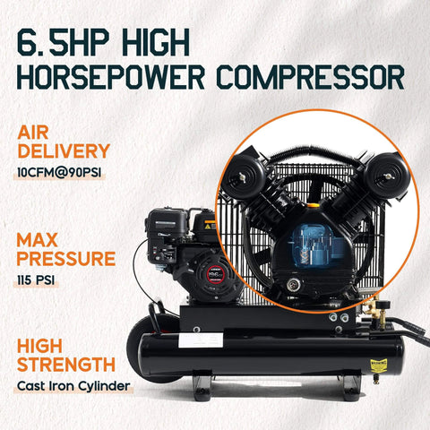 Front view of Albott 6.5HP Gas Powered Air Compressor, 8 Gallon Horizontal Tank with Wheels 10CFM@Max 115PSI, 196cc Loncin Engine