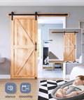 Room with installed 6.7 FT Sliding Barn Door Hardware Kit and Handle Door Hardware Kit, Basic J Pulley, Slide Smoothly Quietly, Easy Install