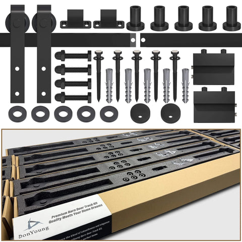 6.8FT Sliding Barn Door Hardware Kit with Upgraded Packaging for Single Doors up to 41 Inch, components layout and packaging